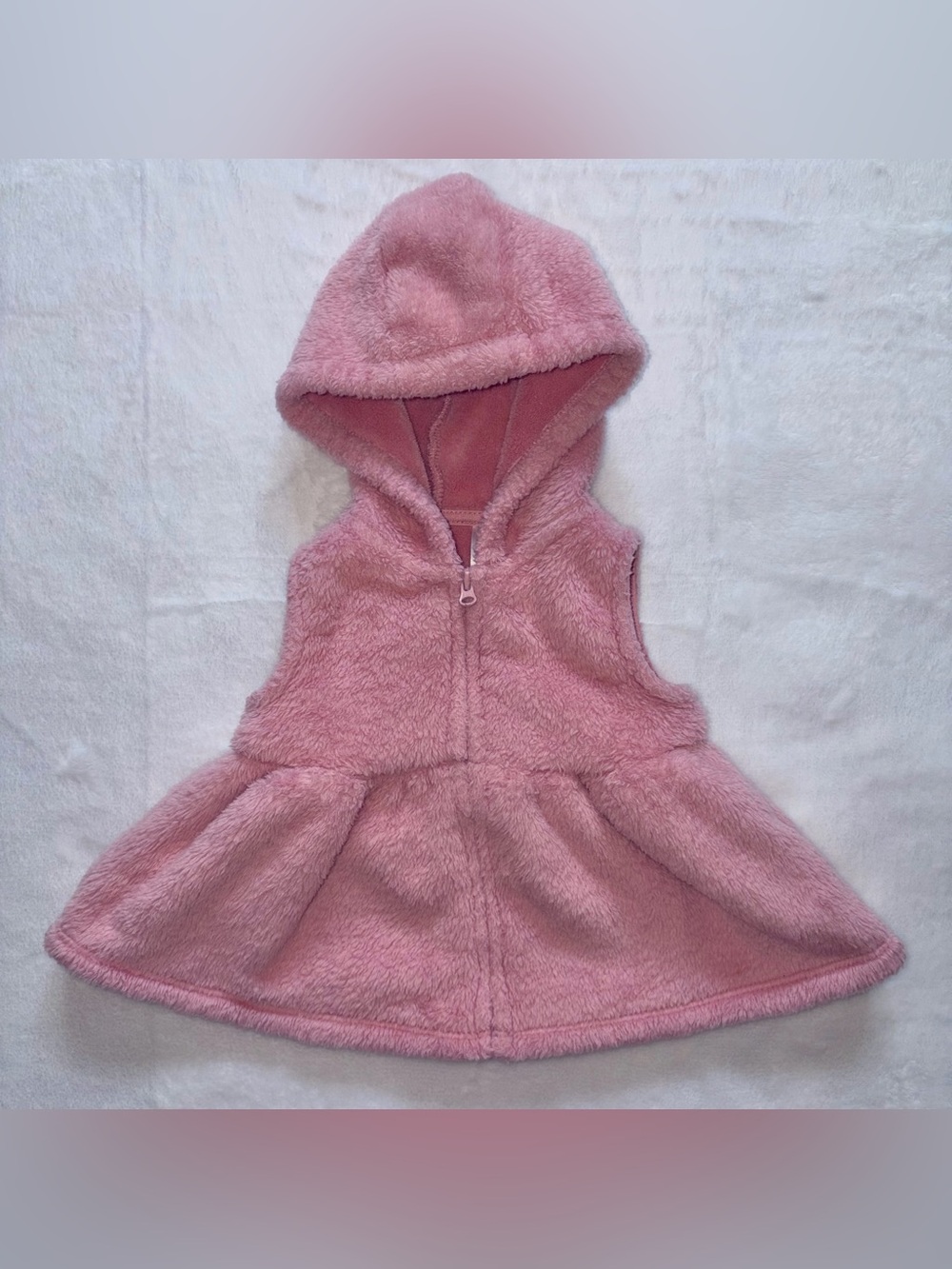 Carter’s Baby Girl 9M Pink Fuzzy Hooded Vest - Sleeveless Full Zip Flared Vest